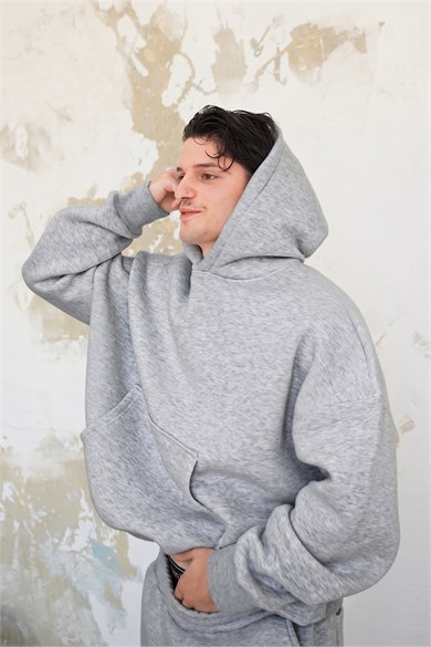 Gri Melanj Cozy Basic Kanguru Oversize Eşofman Takımı