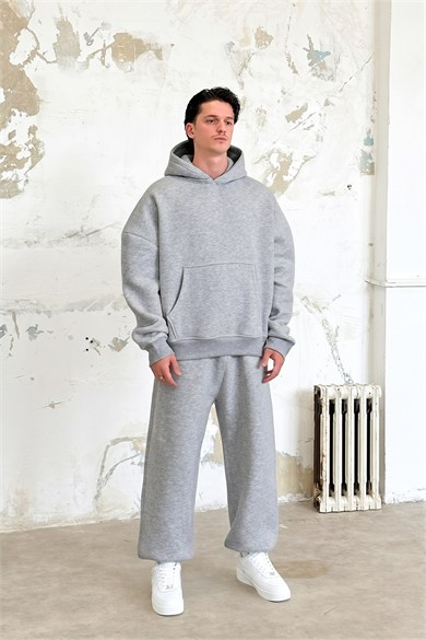 Gri Melanj Cozy Basic Kanguru Oversize Eşofman Takımı