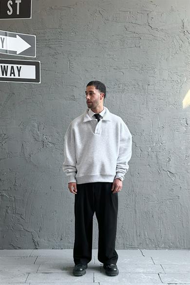 Gri Melanj Cozy Basic Oversize Polo Yaka Sweatshirt