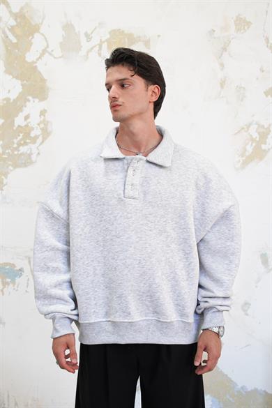 Gri Melanj Cozy Basic Oversize Polo Yaka Sweatshirt