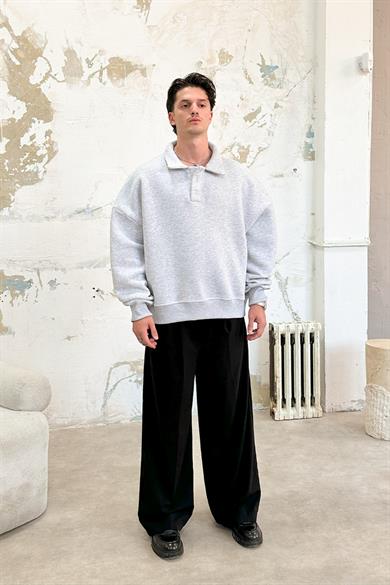 Gri Melanj Cozy Basic Oversize Polo Yaka Sweatshirt