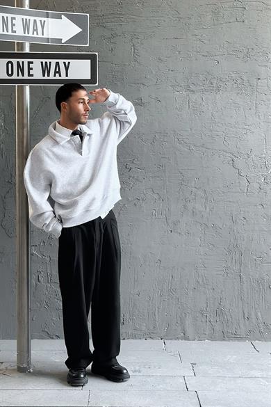 Gri Melanj Cozy Basic Oversize Polo Yaka Sweatshirt