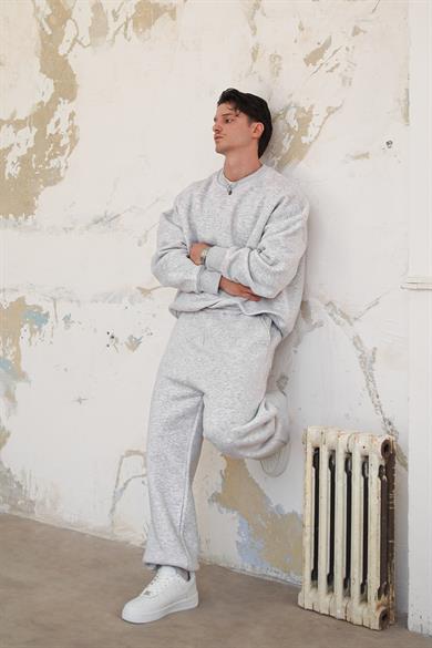 Gri Melanj Cozy Basic Paça Lastik Oversize Eşofman
