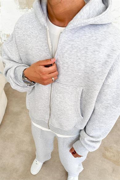 Gri Melanj Cozy Basic Tam Fermuar Oversize Sweatshirt