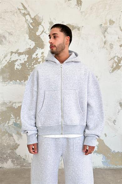 Gri Melanj Cozy Basic Tam Fermuar Oversize Sweatshirt