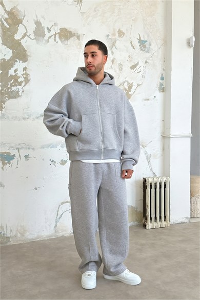 Gri Melanj Cozy Basic Tam Fermuarlı Oversize Eşofman Takımı