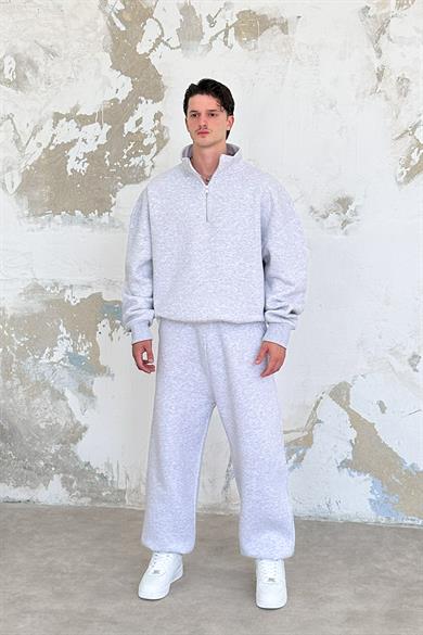 Gri Melanj Cozy Basic Yarım Fermuar Oversize Sweatshirt