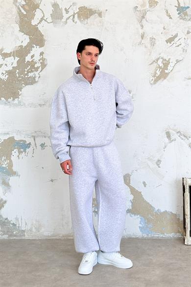 Gri Melanj Cozy Basic Yarım Fermuar Oversize Sweatshirt
