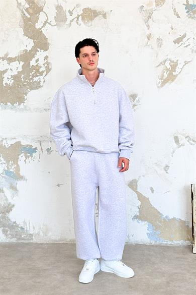 Gri Melanj Cozy Basic Yarım Fermuar Oversize Sweatshirt