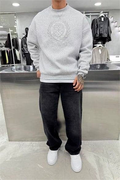 Gri Melanj Half Nakışlı Oversize Sweatshirt