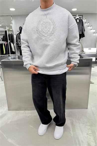 Gri Melanj Half Nakışlı Oversize Sweatshirt