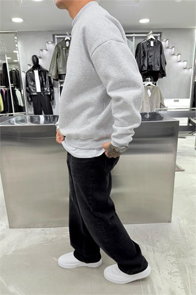 Gri Melanj Half Nakışlı Oversize Sweatshirt