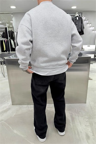 Gri Melanj Half Nakışlı Oversize Sweatshirt