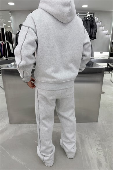 Gri Melanj Ravage Nakışlı Oversize Eşofman Takımı