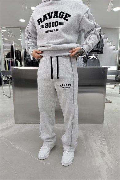 Gri Melanj Ravage Nakışlı Oversize Eşofman Takımı