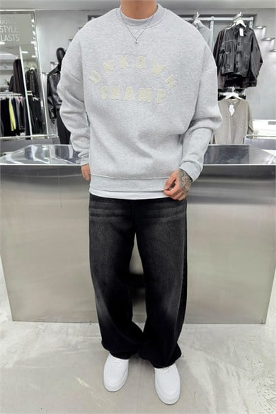 Gri Melanj Unkown Nakışlı Oversize Sweatshirt
