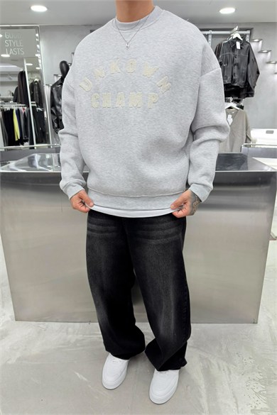 Gri Melanj Unkown Nakışlı Oversize Sweatshirt