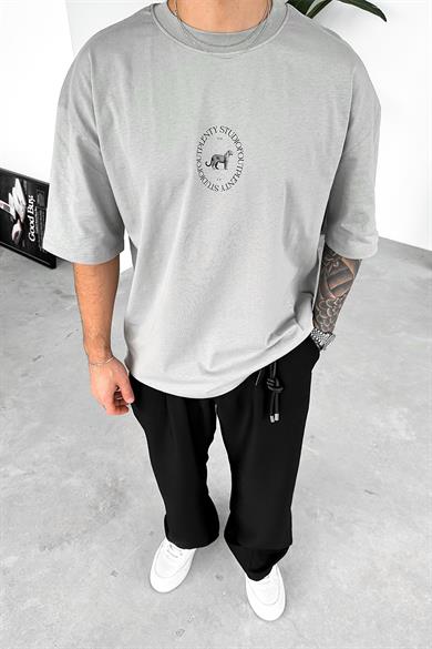 Gri Minimal Tiger Baskılı Oversize Tişört