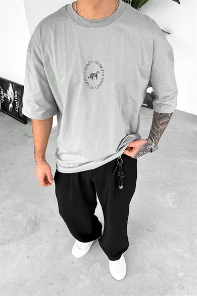 Gri Minimal Tiger Baskılı Oversize Tişört