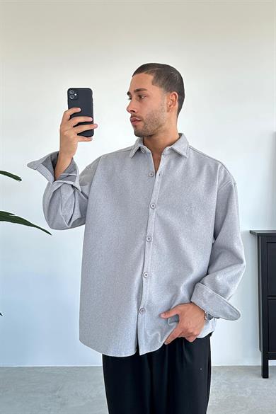 Gri Nakış Detaylı Oversize Kaşe Gömlek