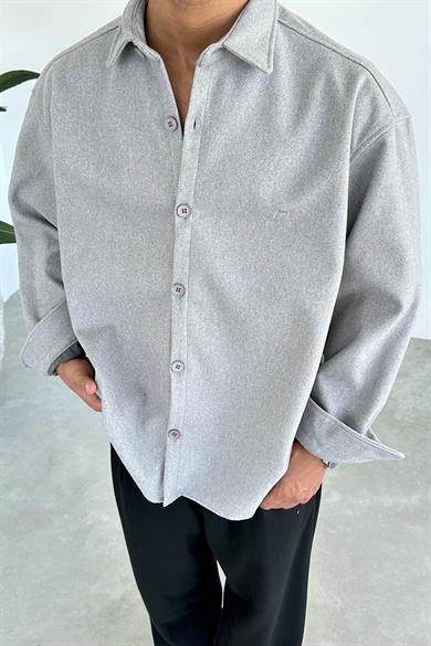 Gri Nakış Detaylı Oversize Kaşe Gömlek