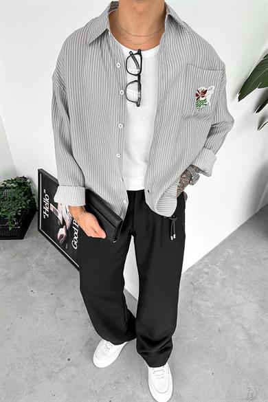 Gri Old Money Flower Nakış Detay Oversize Gömlek