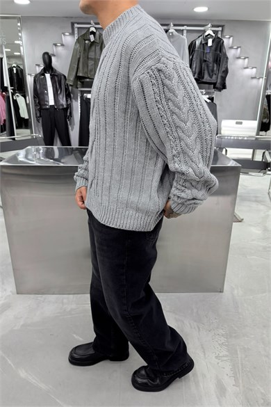 Gri Örgü Desen Oversize Triko Kazak