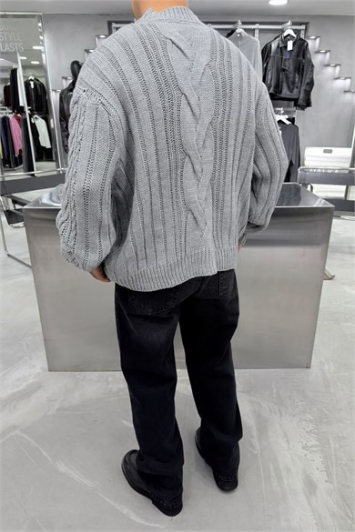 Gri Örgü Desen Oversize Triko Kazak
