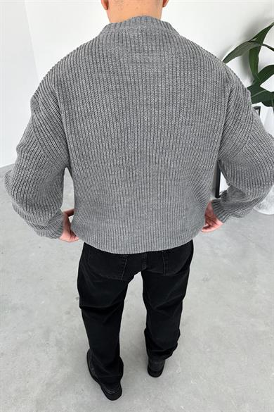Gri Örme Desen Oversize Triko Kazak