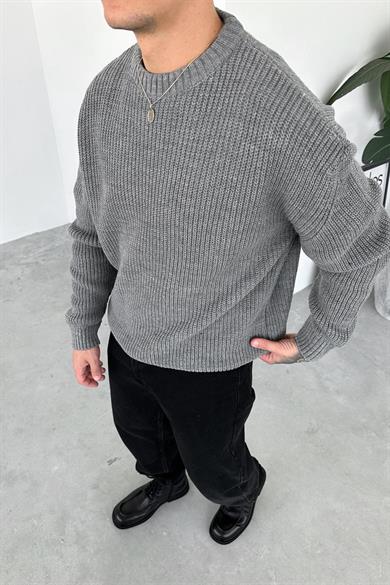 Gri Örme Desen Oversize Triko Kazak