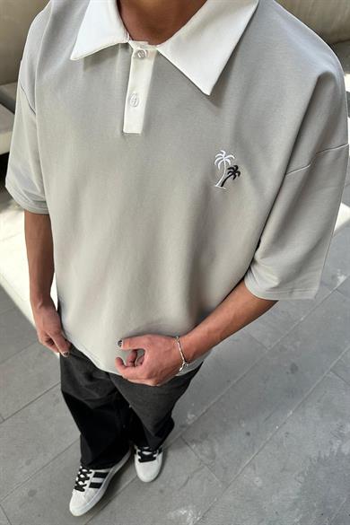 Gri Palmiye Polo Yaka OUTPLENTY PREMİUM Oversize Tişört