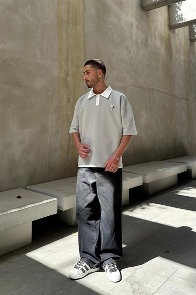 Gri Palmiye Polo Yaka OUTPLENTY PREMİUM Oversize Tişört