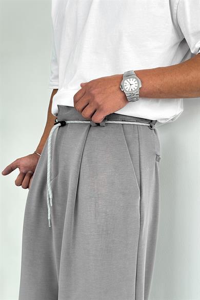 Gri Pile Detay Tensel Kumaş Baggy Pantolon