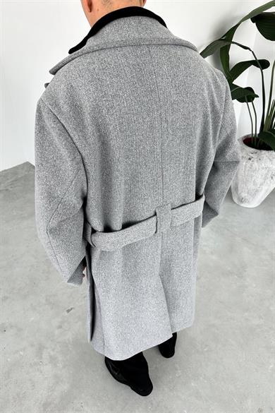 Gri Premium Basic Kemerli Kaşe Kaban