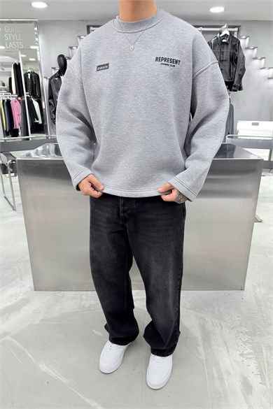 Gri Represent Baskılı Boxy Kalıp Sweatshirt