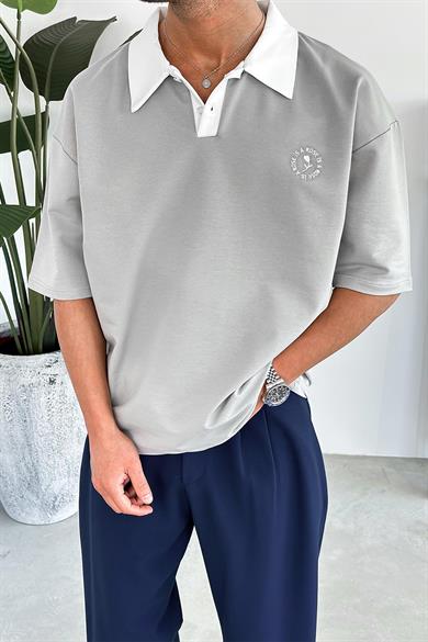 Gri Rose Polo Yaka OUTPLENTY PREMİUM Oversize Tişört