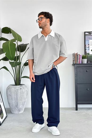 Gri Rose Polo Yaka OUTPLENTY PREMİUM Oversize Tişört
