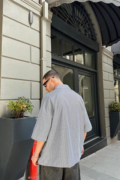 Gri Şerit Detay Ön Cepli 07 PH Oversize Gömlek