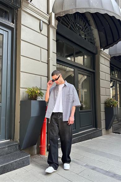 Gri Şerit Detay Ön Cepli 07 PH Oversize Gömlek