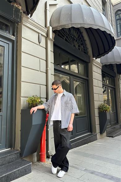 Gri Şerit Detay Ön Cepli 07 PH Oversize Gömlek