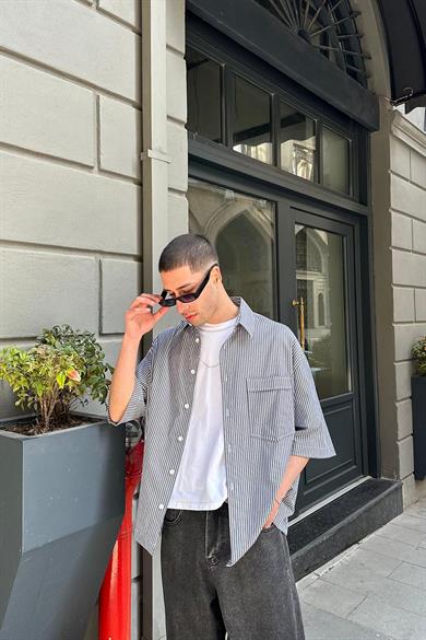 Gri Şerit Detay Ön Cepli 07 PH Oversize Gömlek