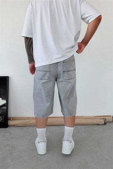 Gri Skater Fit Yıkamalı Bermuda Kot Şort