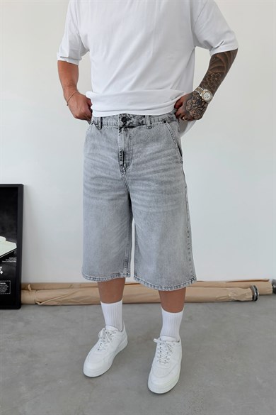 Gri Skater Fit Yıkamalı Bermuda Kot Şort