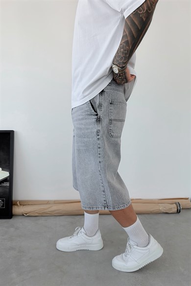 Gri Skater Fit Yıkamalı Bermuda Kot Şort