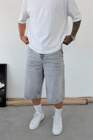 Gri Skater Fit Yıkamalı Bermuda Kot Şort