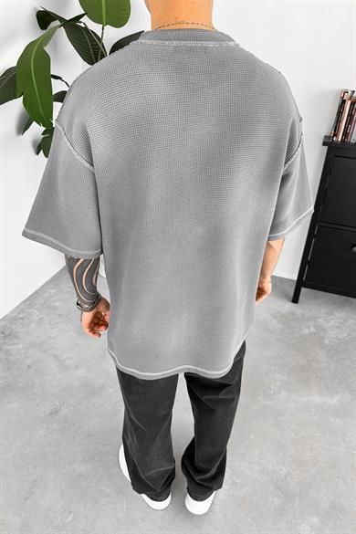 Gri Ters Dikiş Detay Dokuma Oversize Tişört