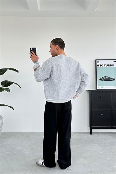 Gri V Yaka Triko Oversize Kazak