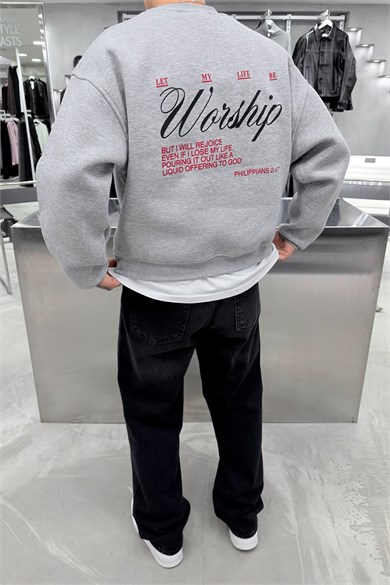 Gri Workship Baskılı Boxy Fit Sweatshirt