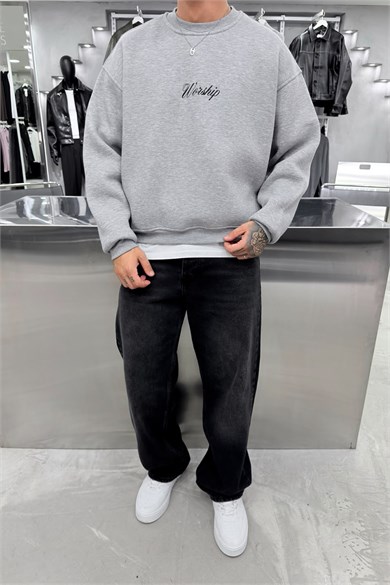 Gri Workship Baskılı Boxy Fit Sweatshirt