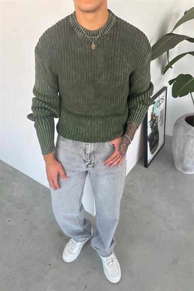 Haki Acid Wash Fitilli Oversize Triko Kazak
